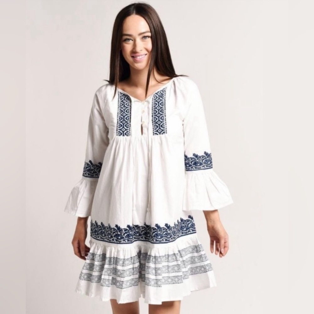 Roller Rabbit | Mona Border Maricruz Cotton White & Blue Peasant Dress - Picture 3 of 13